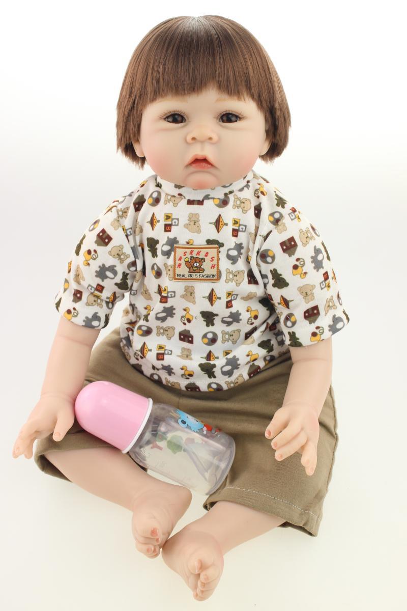 About 55cm Silicone reborn baby boy doll toys for girl with nipple bottle baby home doll with mohair play house brinquedods