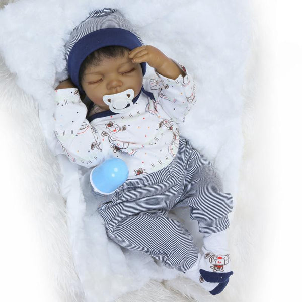 NPKCOLLECTION 55cm Silicone Reborn Black Skin Baby Sleeping Boy Doll Toy Lifelike 22inch Newborn Babies Dolls Girl Birthday Gift