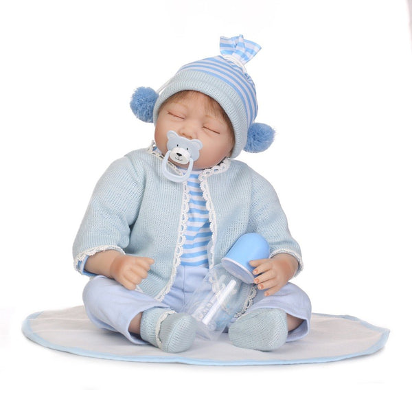 55CM Baby Reborn Doll With blue clothes Full Body close eyes Adorable Lifelike Baby Doll Girls Kids Reborn Dolls Playmate Gift