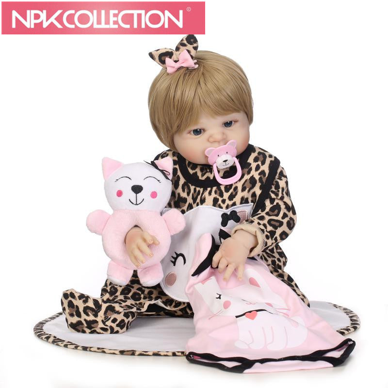 Blonde Hair Bebe girl Reborn Bonecas 22"55cm Lifelike full silicone Reborn Baby Dolls in  Leopard new suit  with Cat Toys