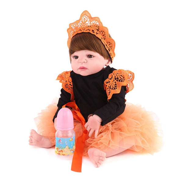 Newest free shipping 22inch reborn baby doll silicone vinyl cute doll pasted wigs doll for girls toy Birthday Xmas gift for kids