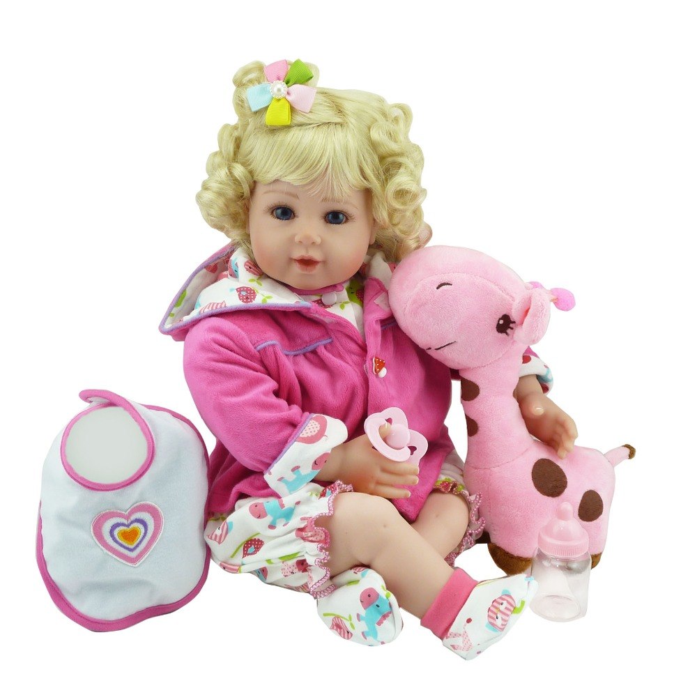 Adorable Curly Golden Hair Soft Vinyl Silicone Reborn Toddler Princess Girl Doll Toys with Magnetic Pacifier Girl Birthday Gift