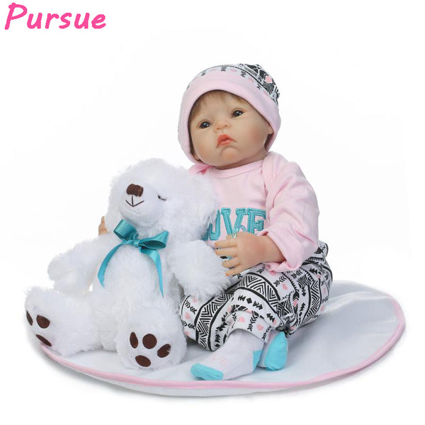 Pursue 22"/55 cm Reborn Silicone baby Cute American Gilr With White Bear Soft Cotton Body Vinyl Limbs Early Education For Child.