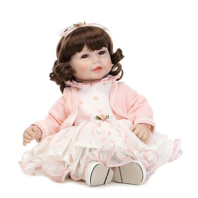 52CM Shoulder Length Curly Hair Reborn Toddler Baby Girl Doll Princess Girl Doll in Pink Dress Girls Toys Birthday Xmas Gifts