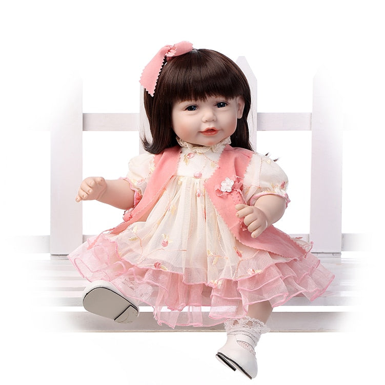 52CM Shoulder Length Hair Reborn Toddler Baby Girl Princess Girl Baby Doll in Pink Lace Dress Girls Toys Birthday Gifts