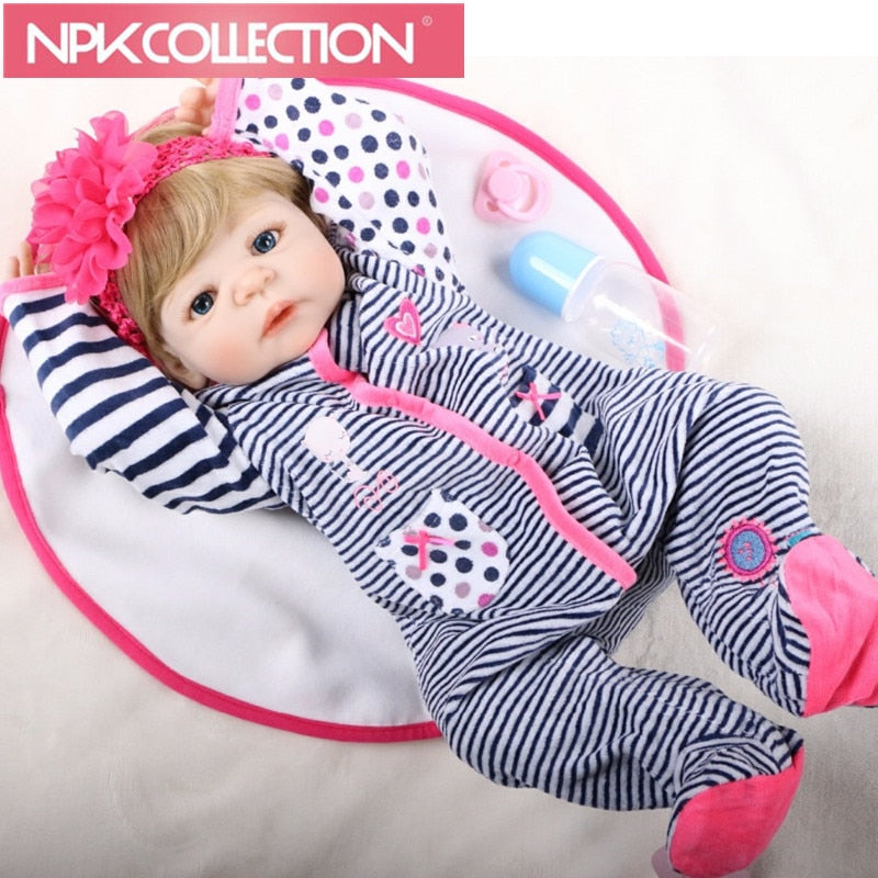 NPK Full Body Silicone Vinyl Babies Reborn Dolls Realistic Alive 23 inch New Born Baby wear Stripe Rompers bebe Bonecas Rebron